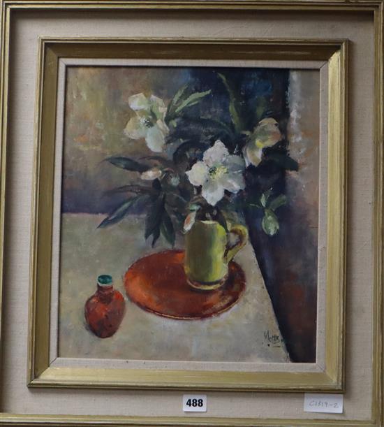 Matt Bruce, oil on board, Still life of Hellebore, signed, 40 x 34cm